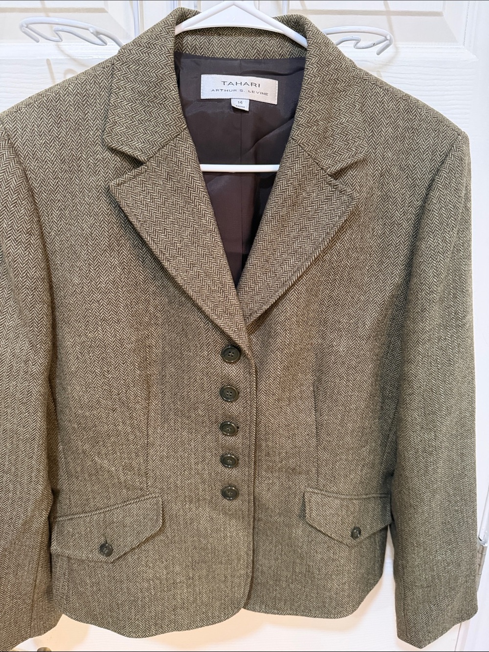 Tahari Olive Herringbone Tailored Blazer Jacket Size 14